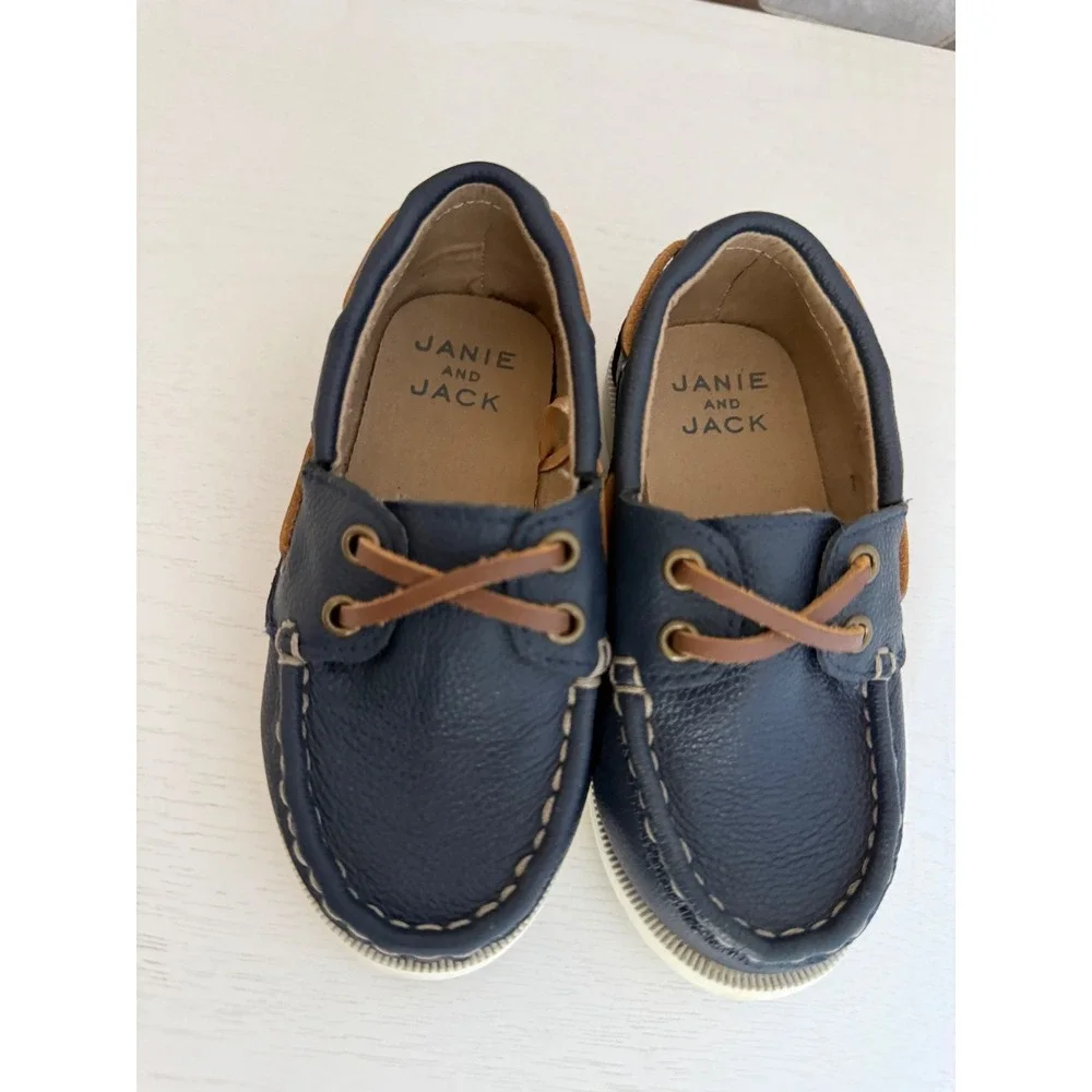 Janie and Jack Boys Navy Blue Leather Boat Shoes Size 7 Toddler Nautical Loafers